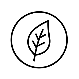 Black leaf icon within a circle on a white background