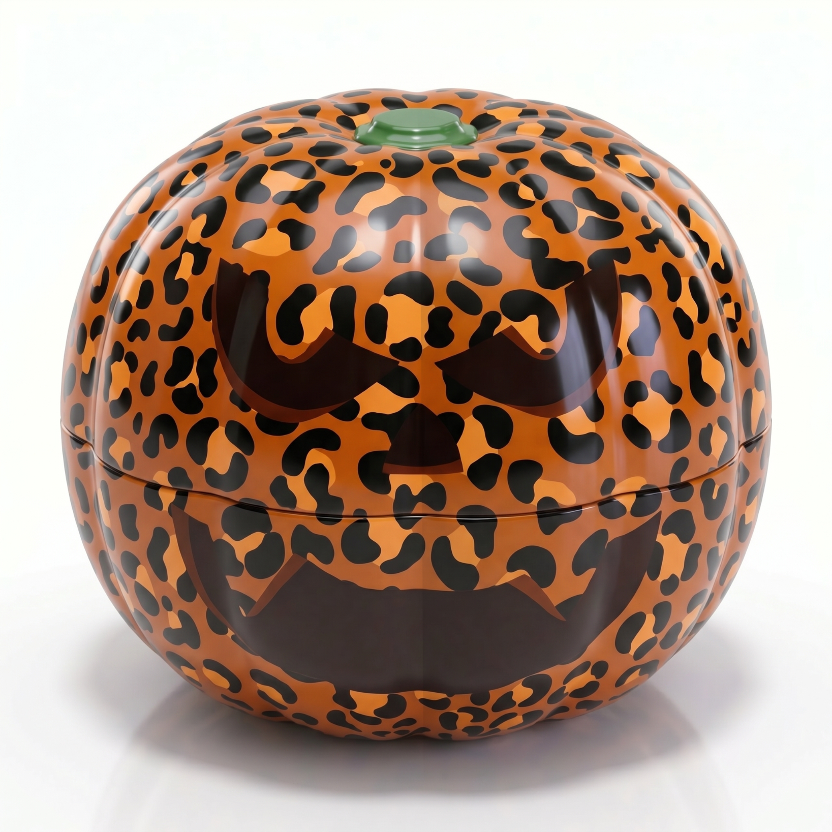 Häxa reusable tin pumpkin in leopard print with a spooky pumpkin face, a plastic-free Swedish Halloween candy tin.