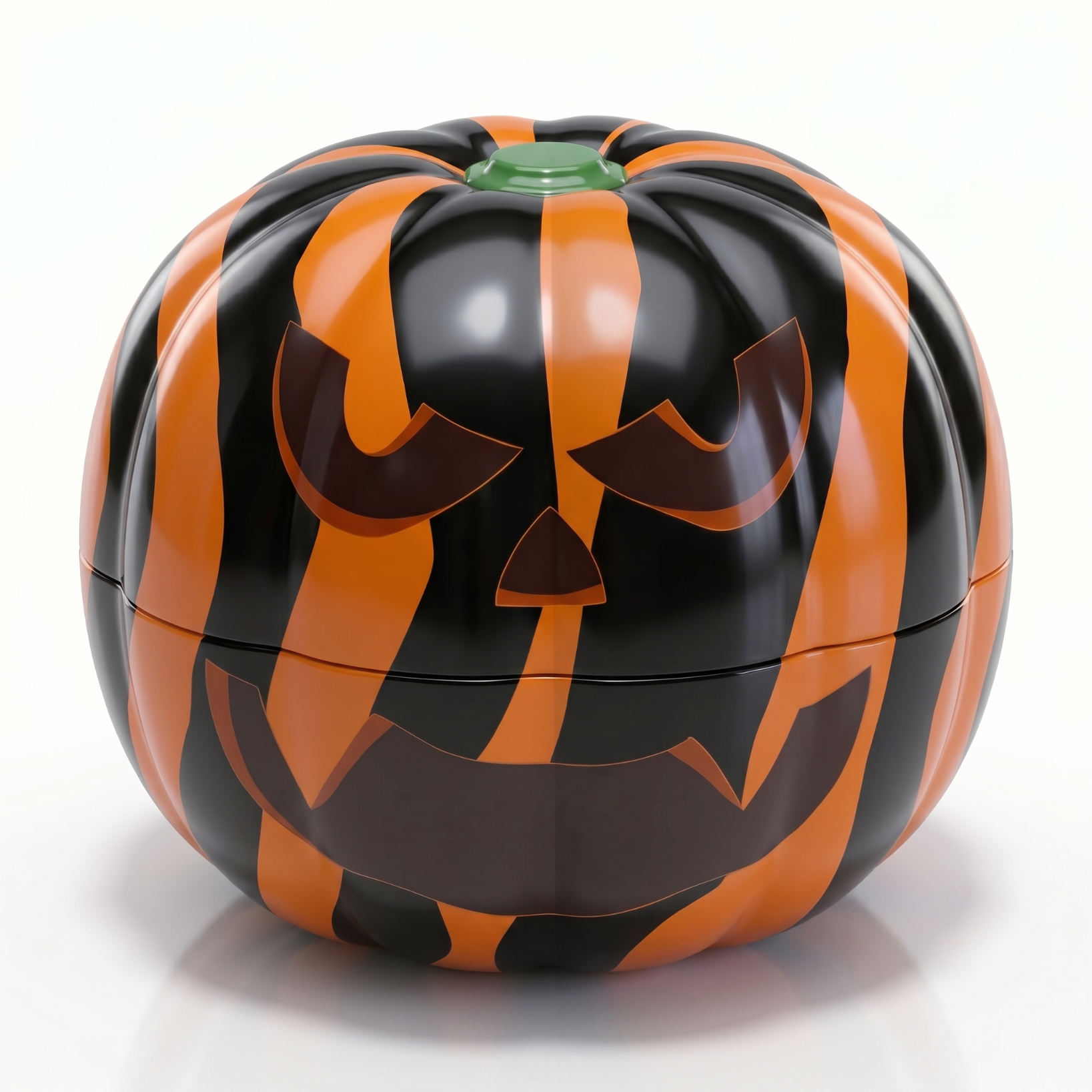 Rår reusable tin pumpkin in zebra print with a spooky pumpkin face, a plastic-free Swedish Halloween candy tin.