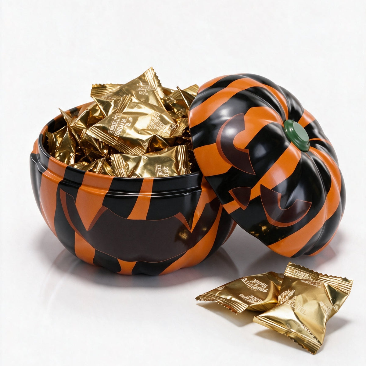 A Halloween-themed tin pumpkin with a lid, decorated in black and orange zebra stripes, filled with individually wrapped gold foil chocolates, set against a clean white background.